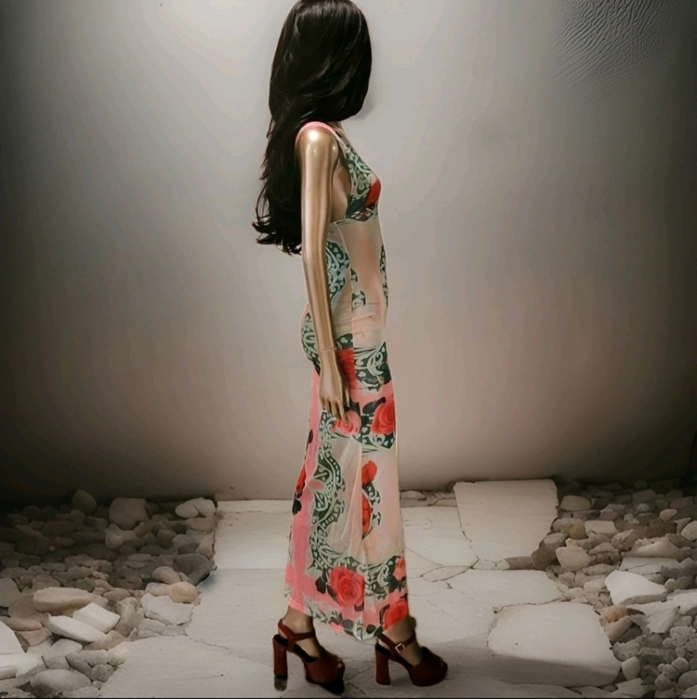 NWT Sexy Vibrant Romantic Floral Print Mesh Bodycon Maxi Dress Sz S - Picture 11 of 16